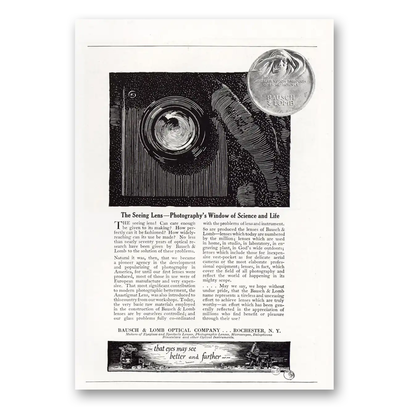 1921 Bausch & Lomb Photographys Window of Science and Life Vintage Magazine Print Ad