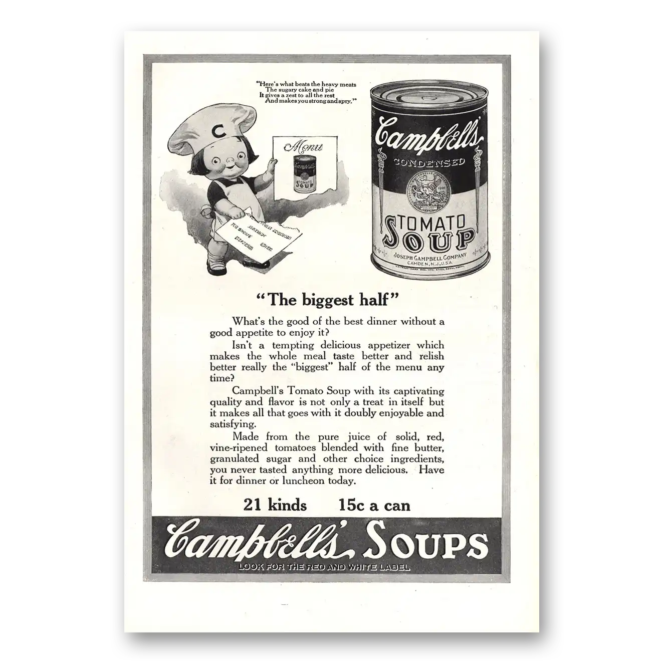 1921 Campbells Tomato Soup Biggest Half Vintage Magazine Print Ad