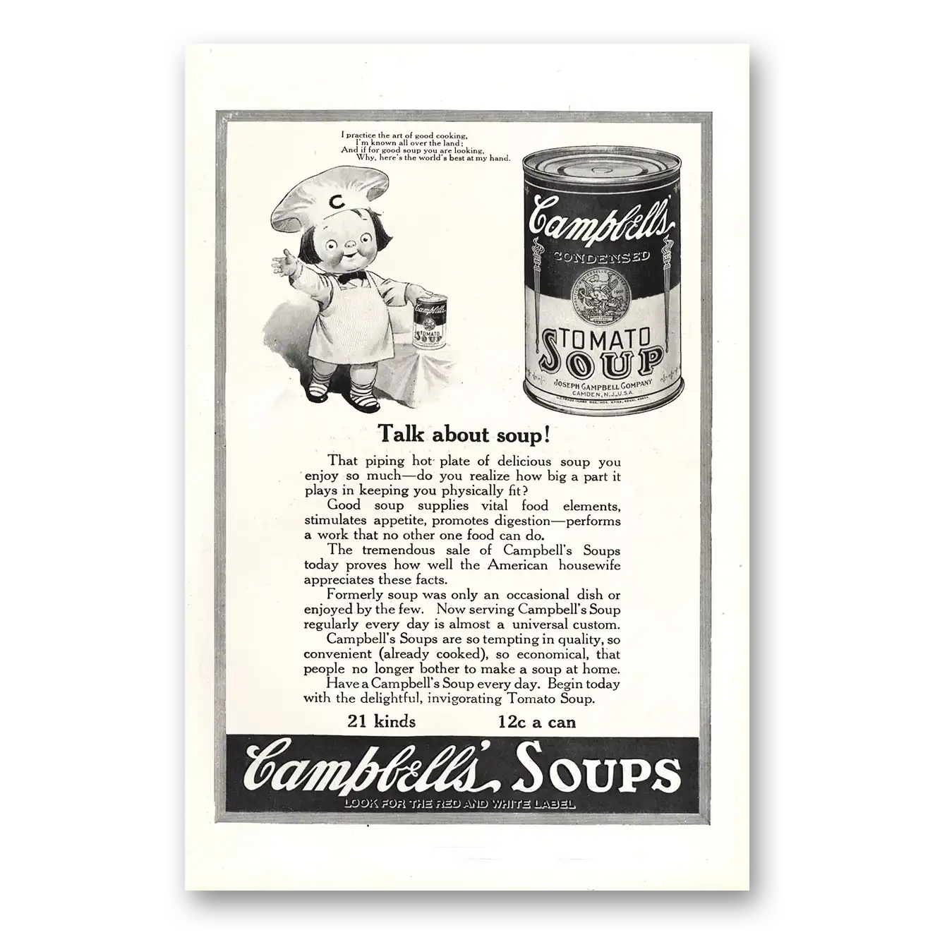 1921 Campbells Tomato Soup Talk About Soup Vintage Magazine Print Ad