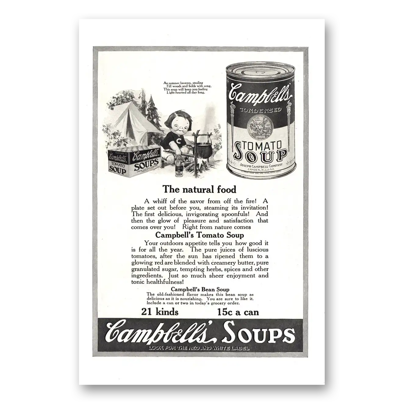 1921 Campbells Tomato Soup As Summer Breezes Camp Vintage Magazine Print Ad