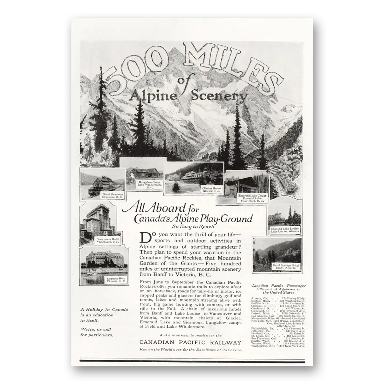 1921 Canadian Pacific Miles of Alpine Scenery Vintage Magazine Print Ad