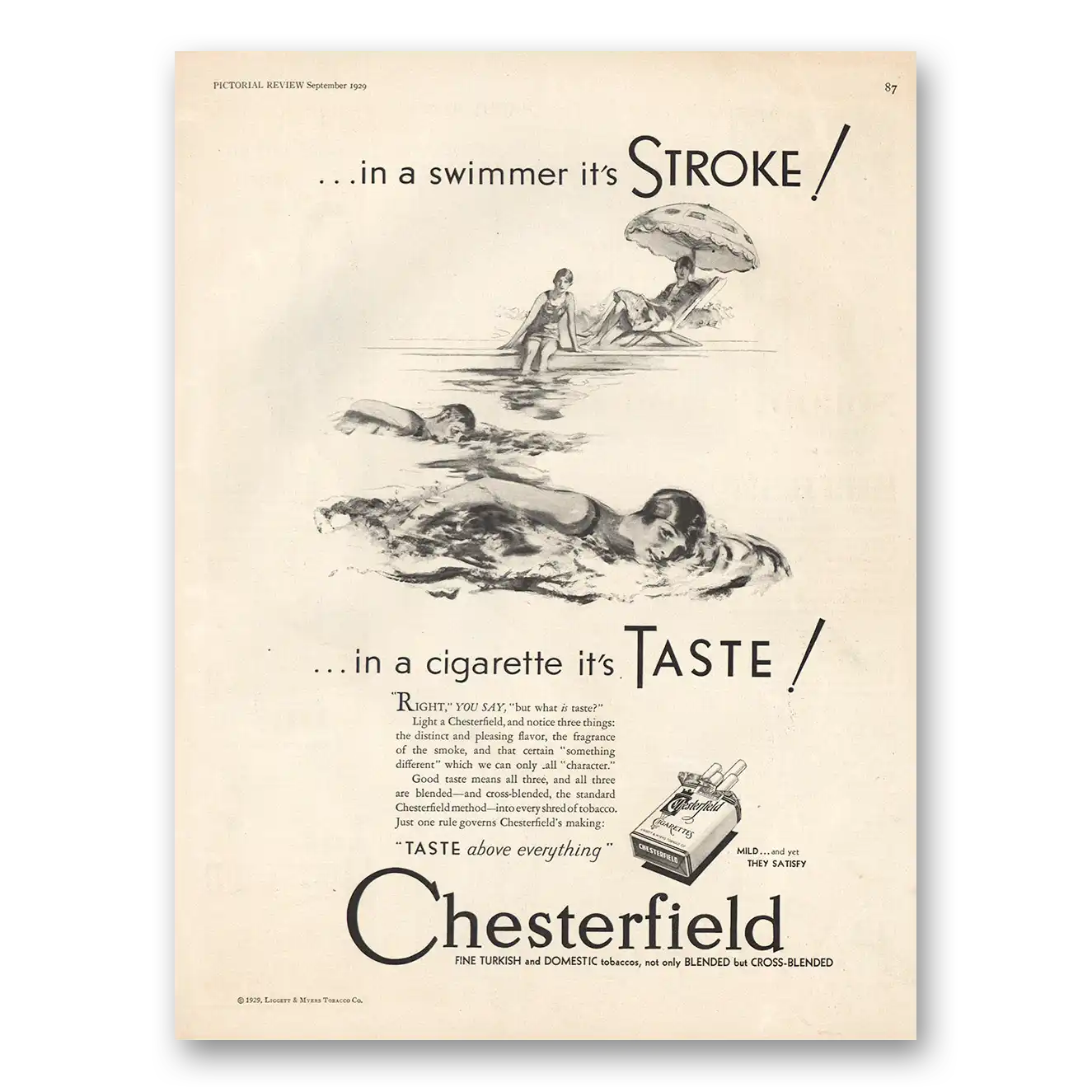 1929 Chesterfield Cigarettes Swimmer Its Stroke Vintage Magazine Print Ad