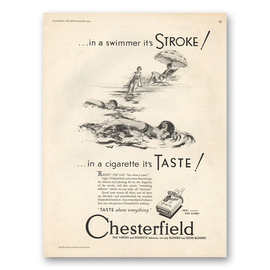 1929 Chesterfield Cigarettes Swimmer Its Stroke Vintage Magazine Print Ad