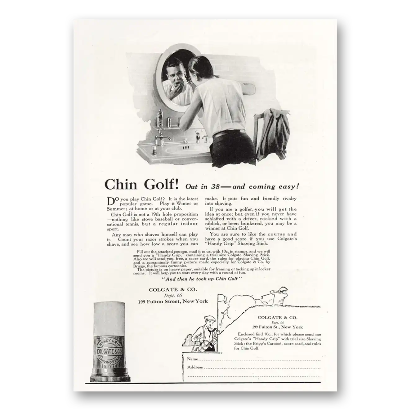 1921 Colgate Shaving Stick Chin Golf Vintage Magazine Print Ad