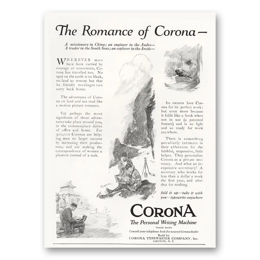 1921 Corona Typewriter Writing Machine Romance of Corona Vintage Magazine Print Ad