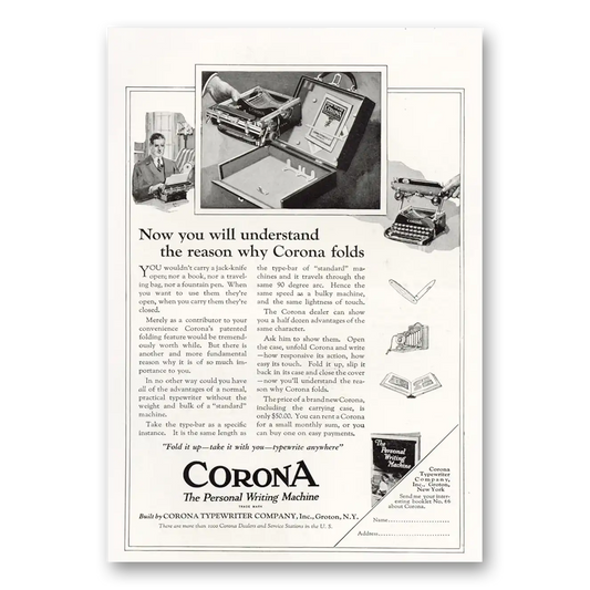 1921 Corona Typewriter Reason Why Corona Folds Vintage Magazine Print Ad