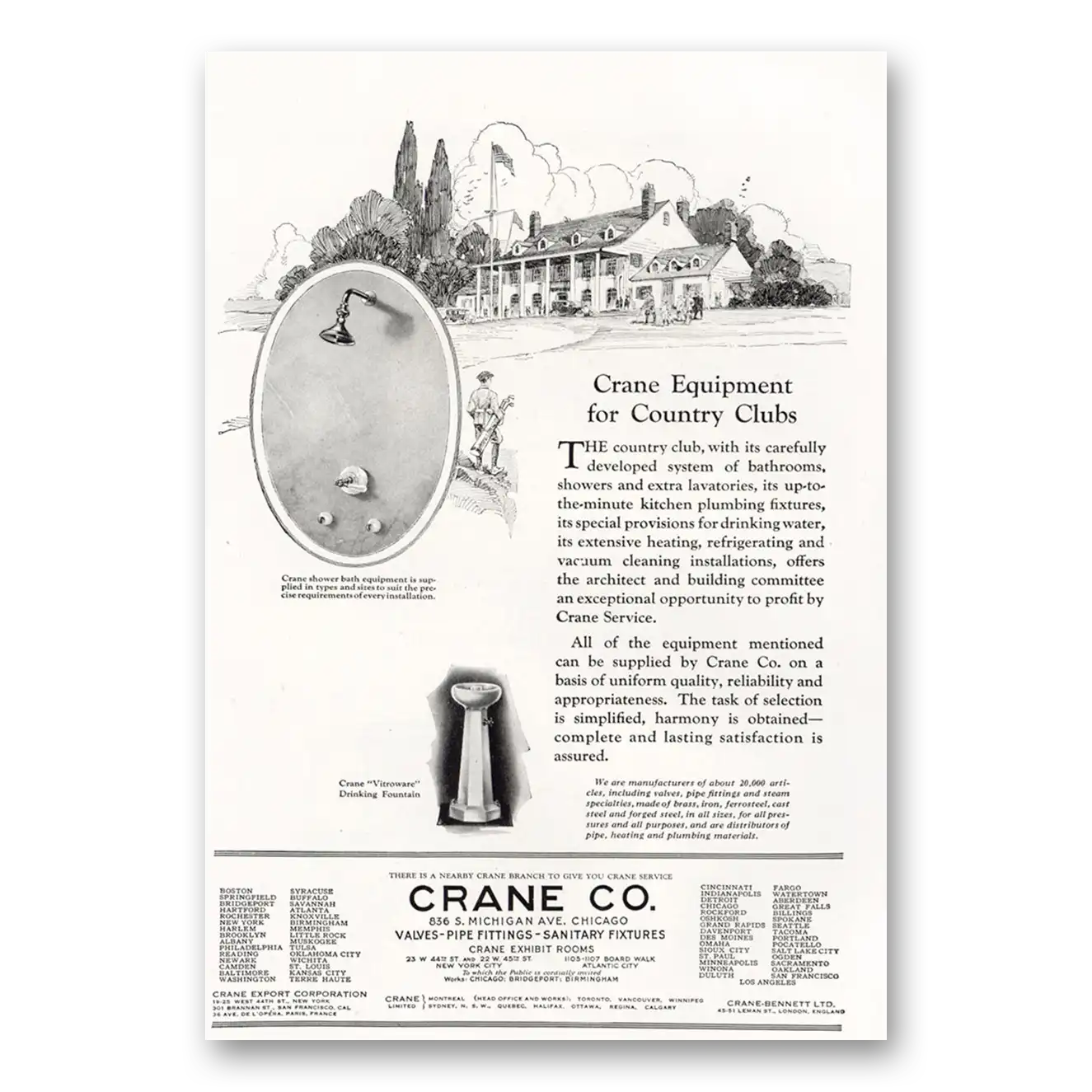 1921 Crane Equipment for Country Clubs Vintage Magazine Print Ad