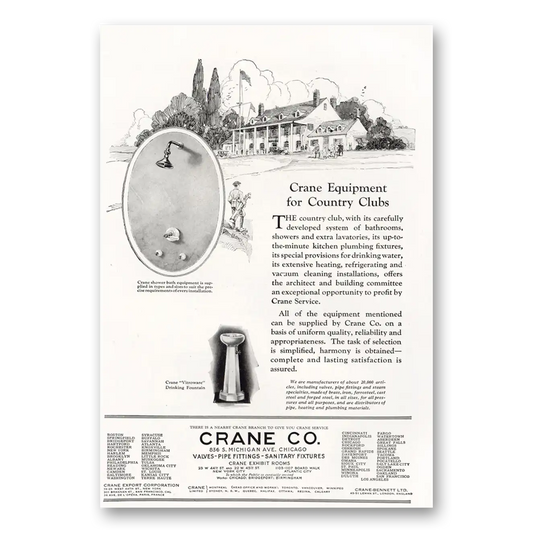 1921 Crane Equipment for Country Clubs Vintage Magazine Print Ad