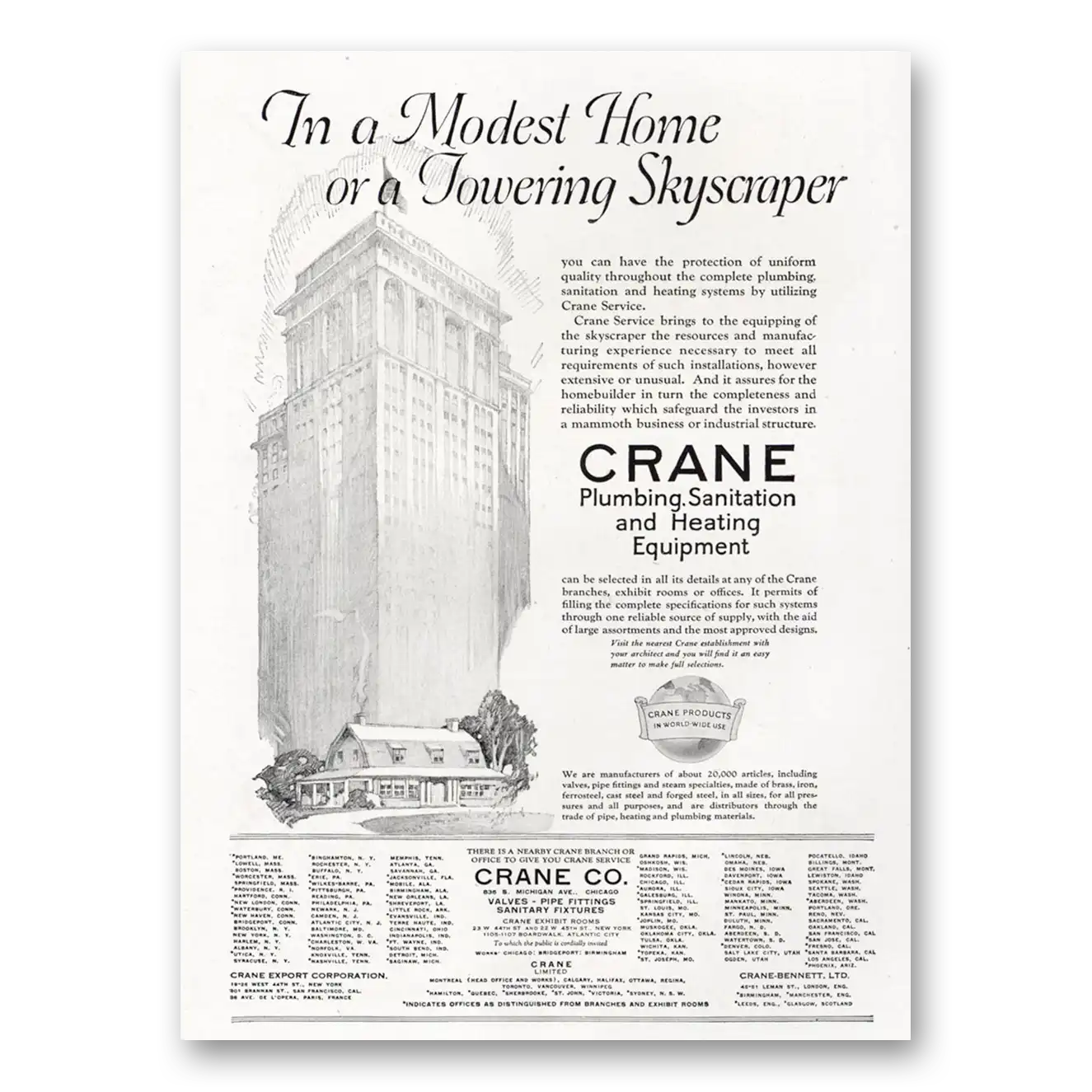 1921 Crane Modest Home Or a Towering Skyscraper Vintage Magazine Print Ad