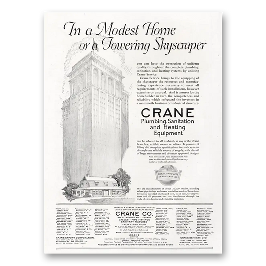 1921 Crane Modest Home Or a Towering Skyscraper Vintage Magazine Print Ad