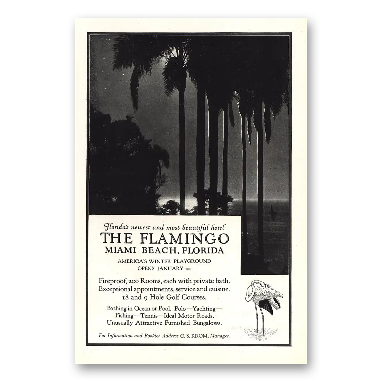 1921 Flamingo Hotel Miami Beach Florida Vintage Magazine Print Ad