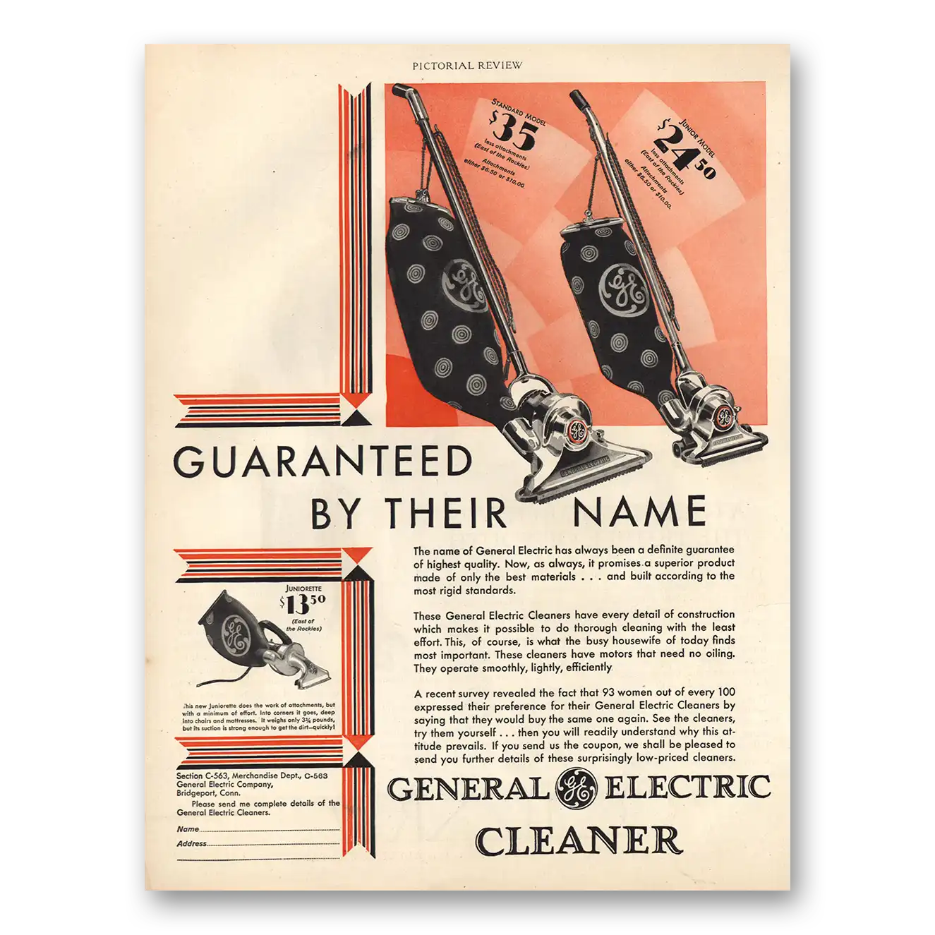 1929 General Electric Cleaners Guaranteed By Their Name Vintage Magazine Print Ad