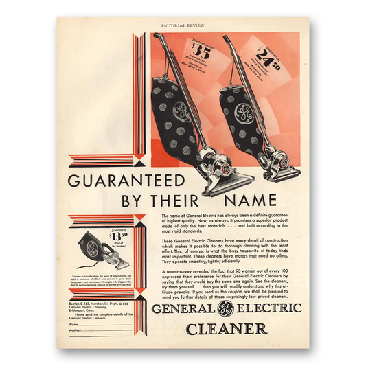 1929 General Electric Cleaners Guaranteed By Their Name Vintage Magazine Print Ad