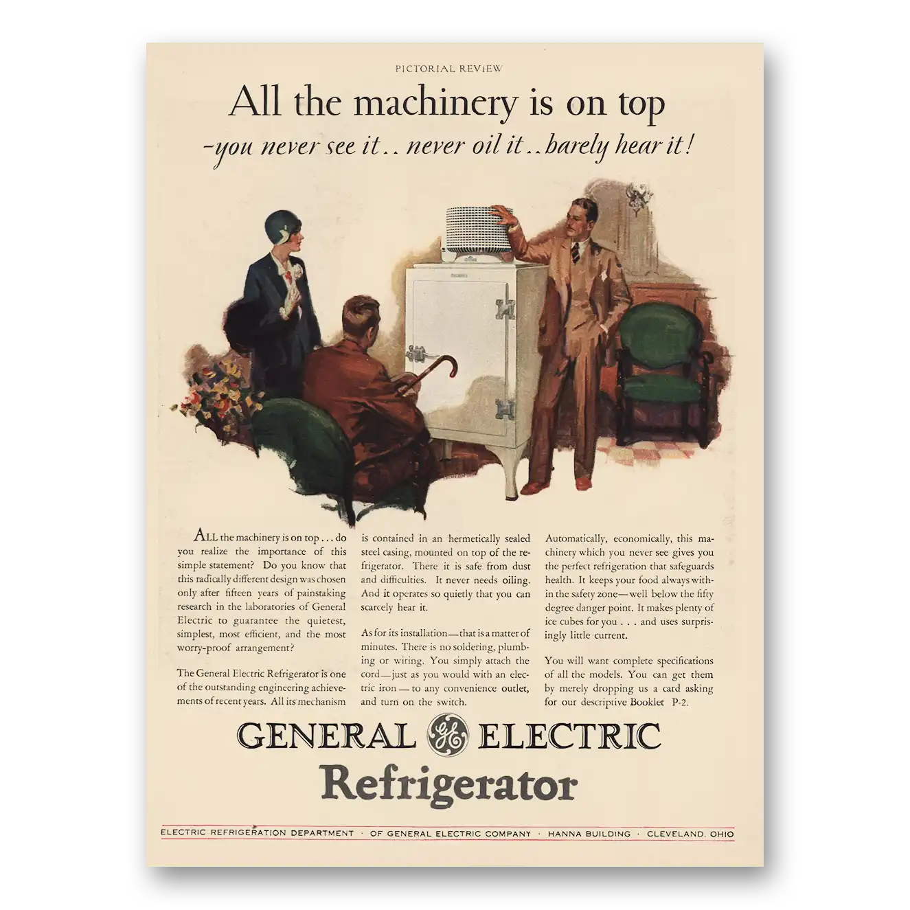 1929 General Electric Refrigerator All the Machinery Is On Top Vintage Magazine Print Ad