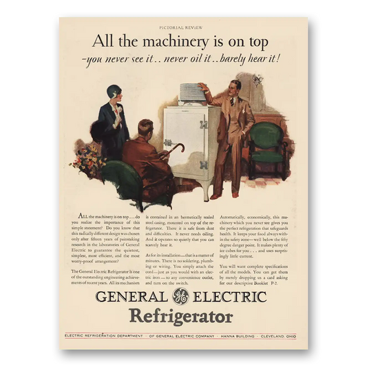 1929 General Electric Refrigerator All the Machinery Is On Top Vintage Magazine Print Ad