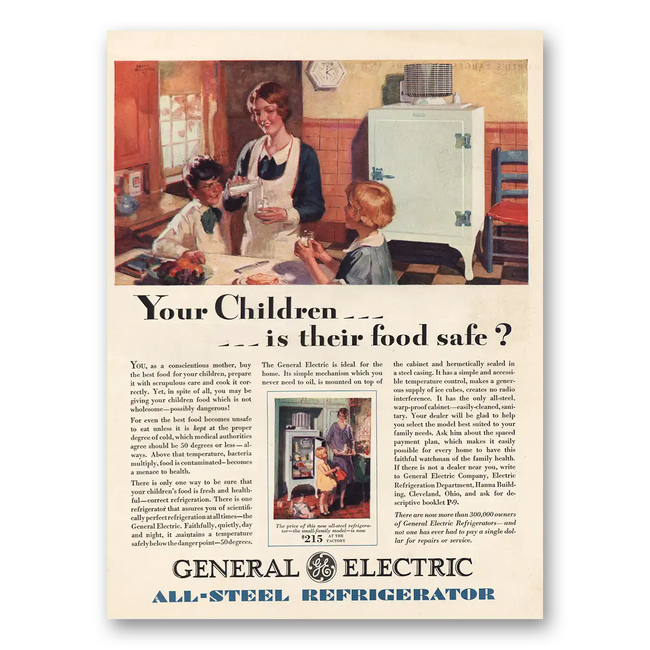 1929 General Electric Refrigerator Your Children Is Their Food Safe Vintage Magazine Print Ad