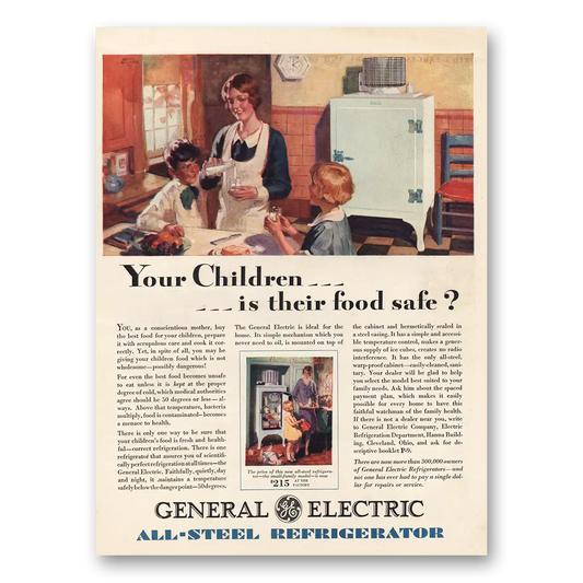 1929 General Electric Refrigerator Your Children Is Their Food Safe Vintage Magazine Print Ad