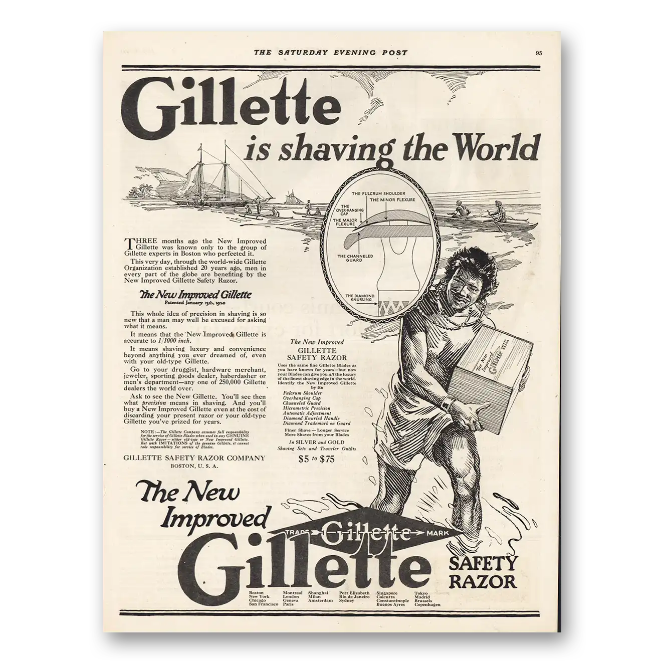 1921 Gillette Razor Gillette Is Shaving the World Vintage Magazine Print Ad