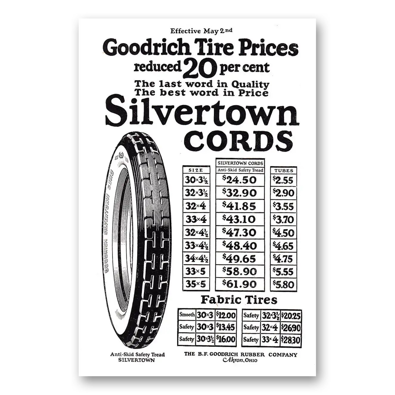 1921 Goodrich Silvertown Cord Tires Tire Prices Vintage Magazine Print Ad