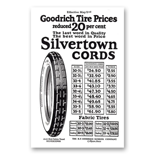 1921 Goodrich Silvertown Cord Tires Tire Prices Vintage Magazine Print Ad