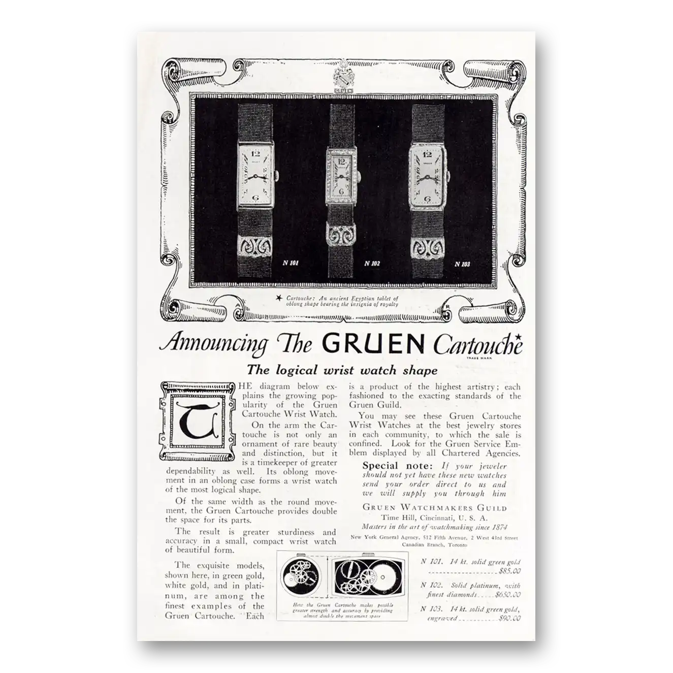 1921 Gruen Cartouche Watch Logical Wrist Watch Shape Vintage Magazine Print Ad