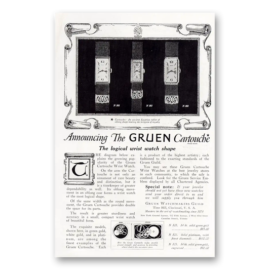 1921 Gruen Cartouche Watch Logical Wrist Watch Shape Vintage Magazine Print Ad