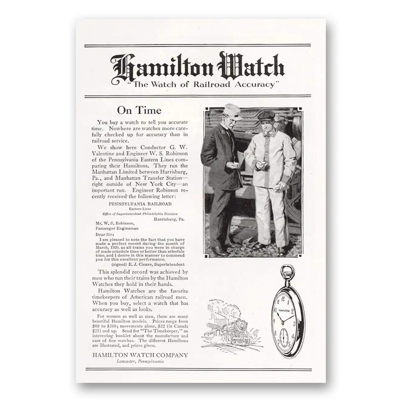 1921 Hamilton Watch On Time Pennsylvania Railroad Vintage Magazine Print Ad