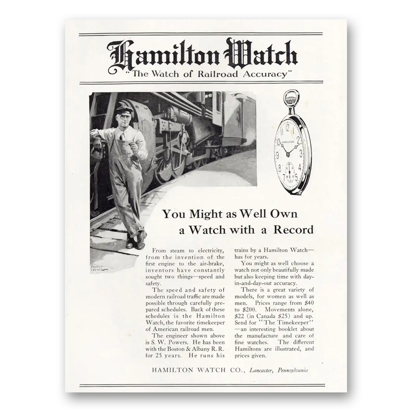 1921 Hamilton Watch You Might As Well Own a Watch With a Record Vintage Magazine Print Ad