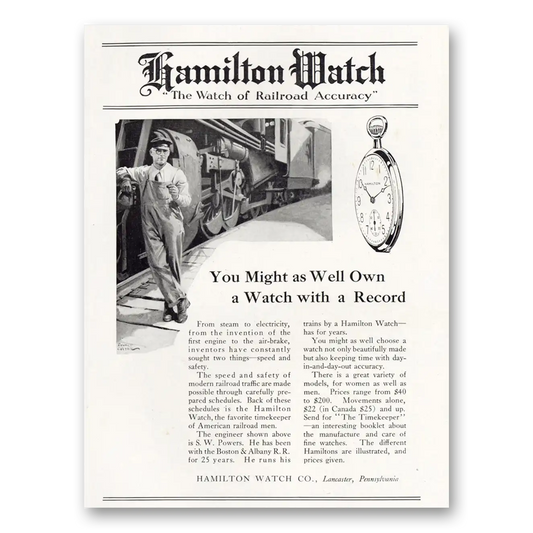 1921 Hamilton Watch You Might As Well Own a Watch With a Record Vintage Magazine Print Ad