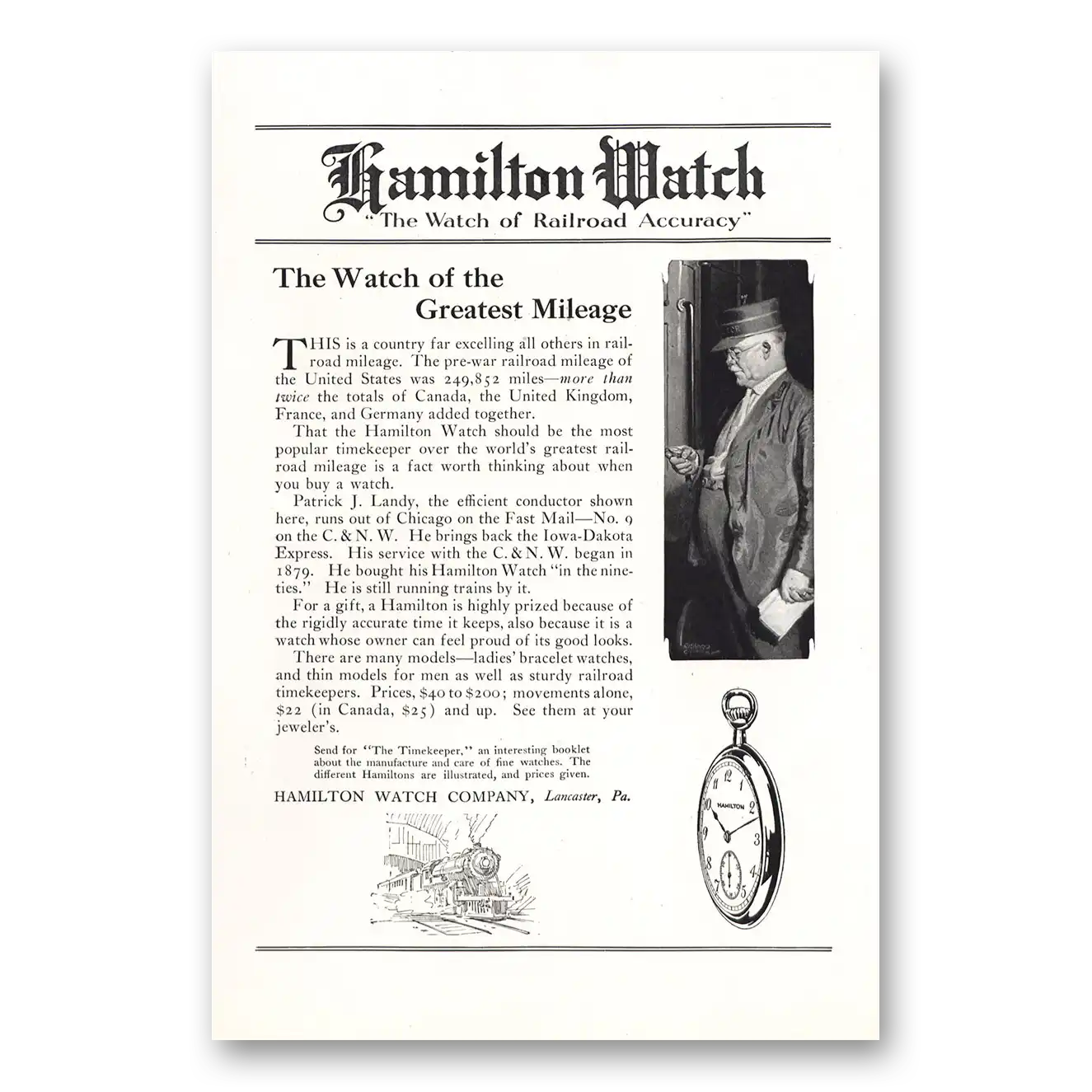 1921 Hamilton Watch Greatest Mileage Patrick Landy Vintage Magazine Print Ad