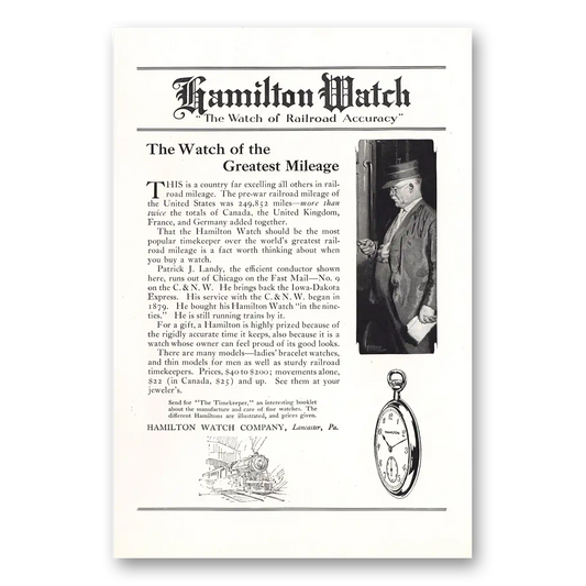 1921 Hamilton Watch Greatest Mileage Patrick Landy Vintage Magazine Print Ad