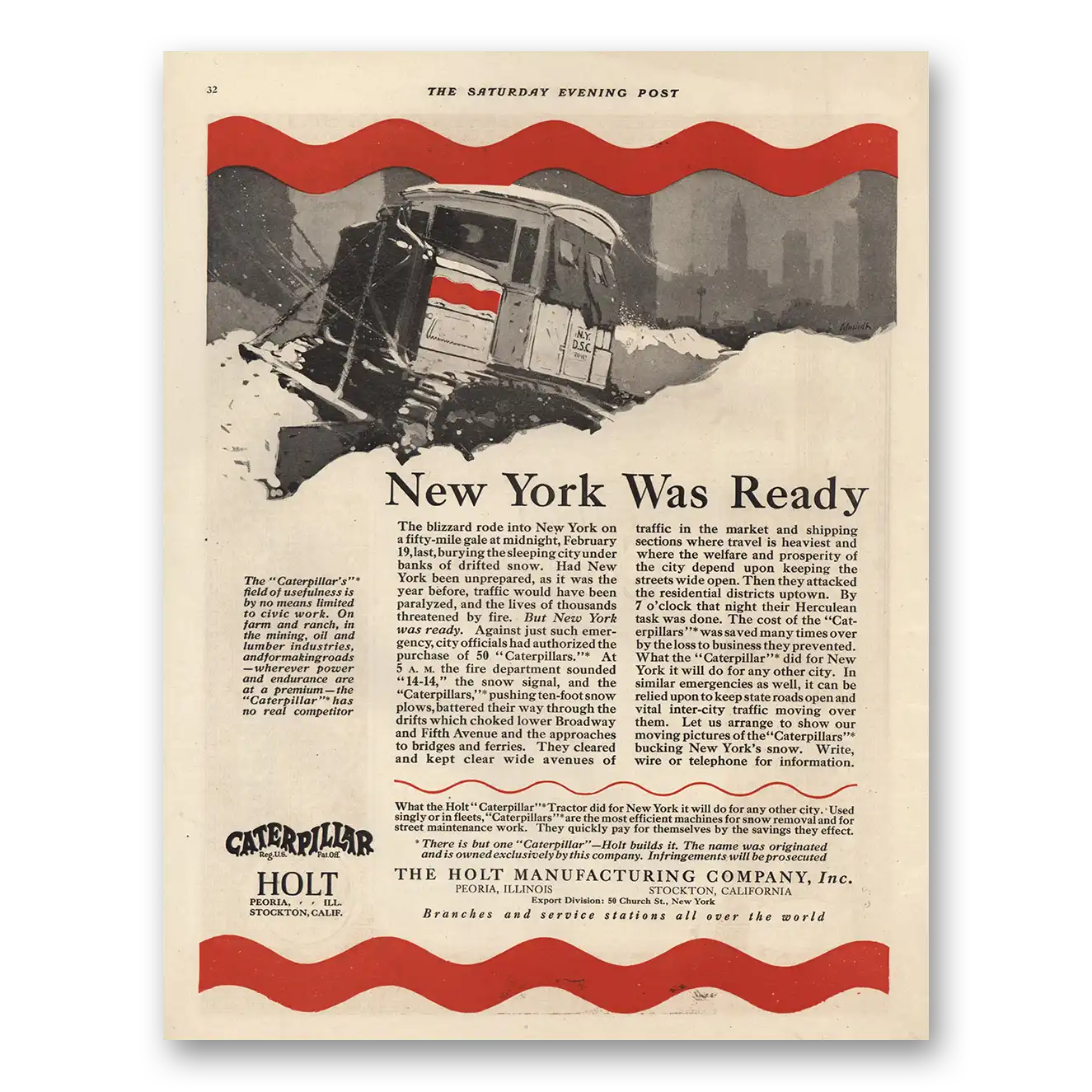 1921 Holt Caterpillar Tractor New York Was Ready Vintage Magazine Print Ad