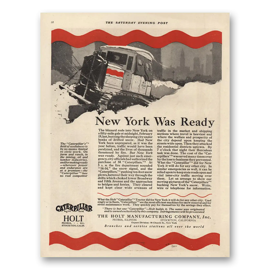 1921 Holt Caterpillar Tractor New York Was Ready Vintage Magazine Print Ad