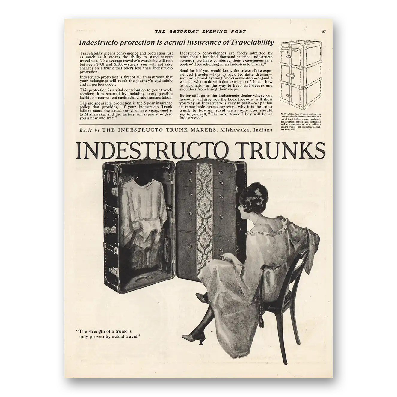 1921 Indestructo Trunk Actual Insurance of Travelability Vintage Magazine Print Ad