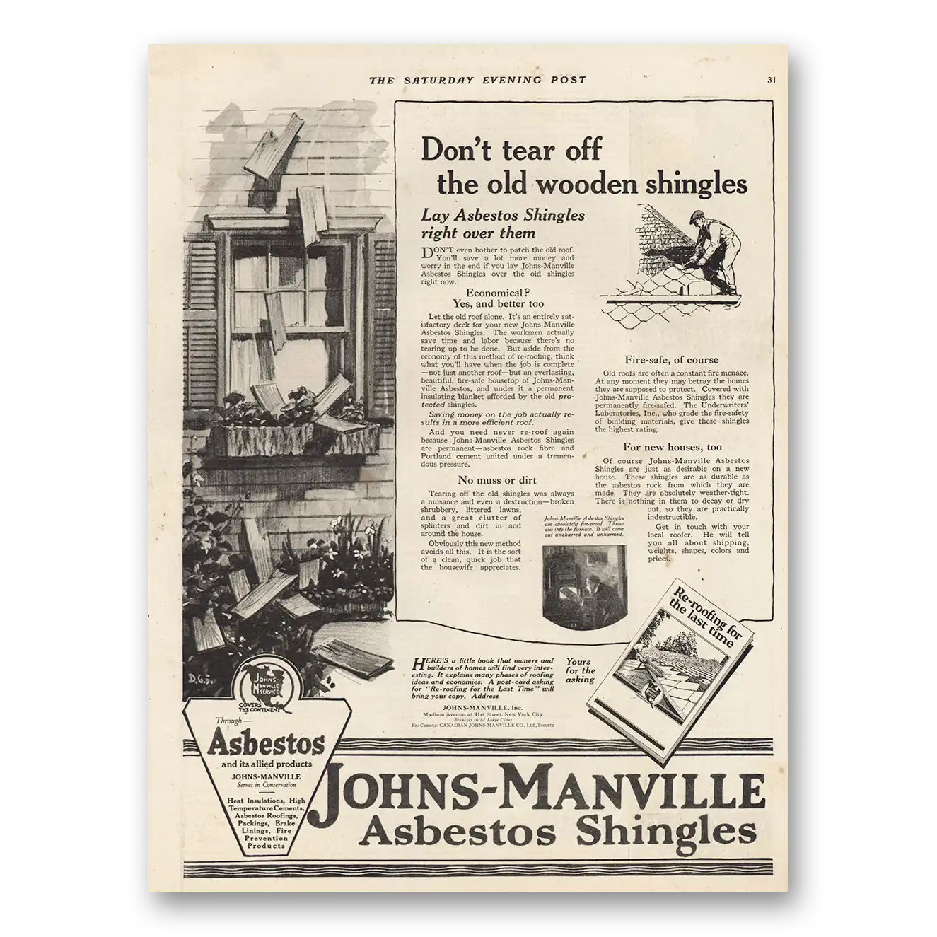 1921 Johns Manville Asbestos Shingles Don’t Tear Off Old Wooden Shingles Vintage Magazine Print Ad