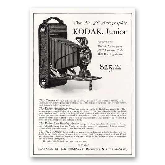 1921 Kodak Autographic Camera Junior 2C Autographic Anastigmat Vintage Magazine Print Ad