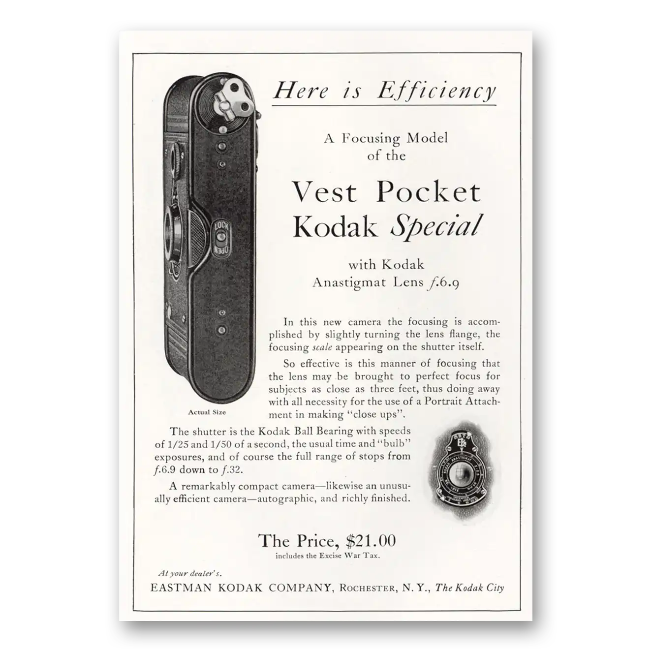 1921 Kodak Vest Pocket Here Is Efficiency Vintage Magazine Print Ad