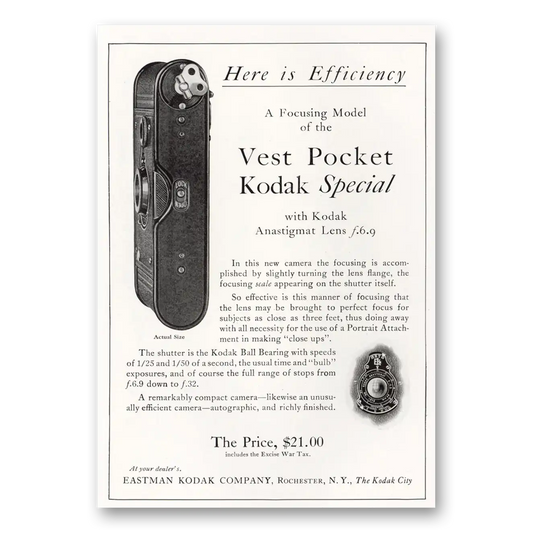 1921 Kodak Vest Pocket Here Is Efficiency Vintage Magazine Print Ad