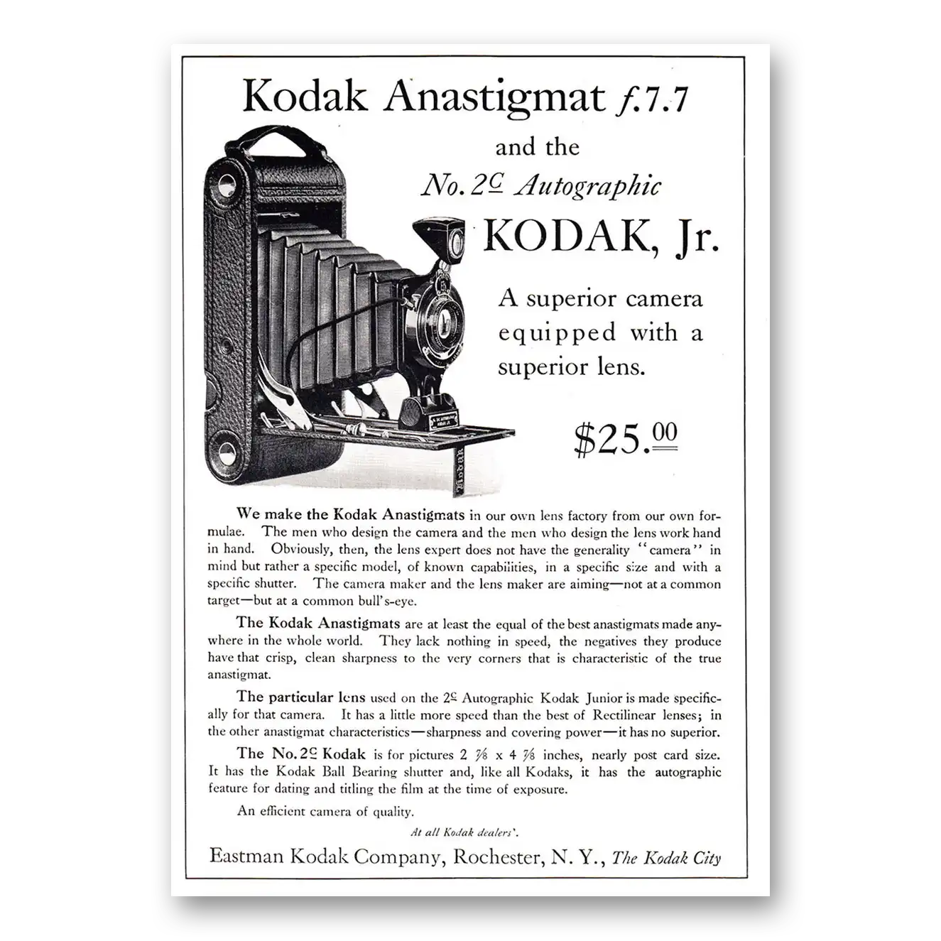 1921 Kodak Anastigmat Camera No 2C Autographic Vintage Magazine Print Ad