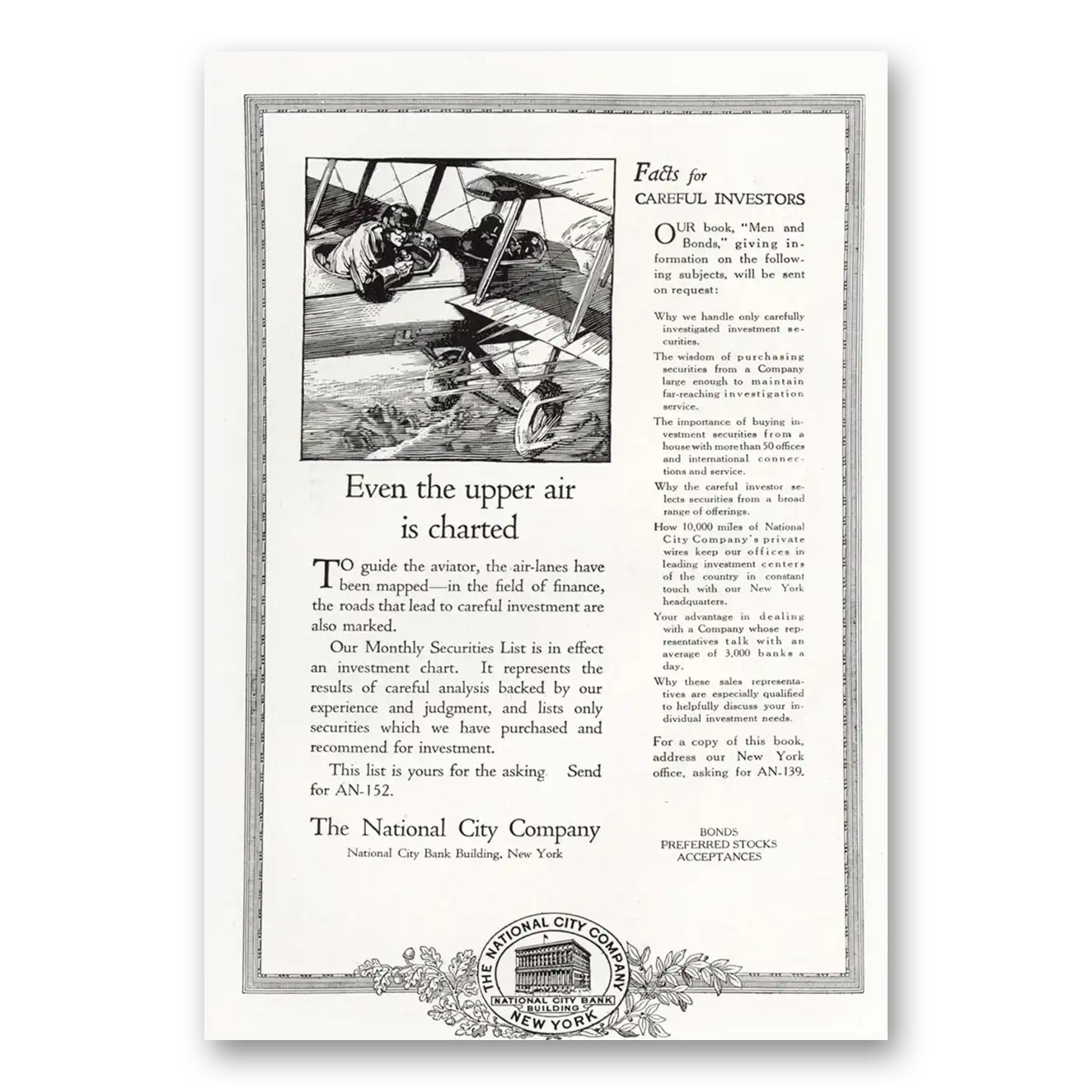 1921 National City Company Upper Air Is Chartered Vintage Magazine Print Ad