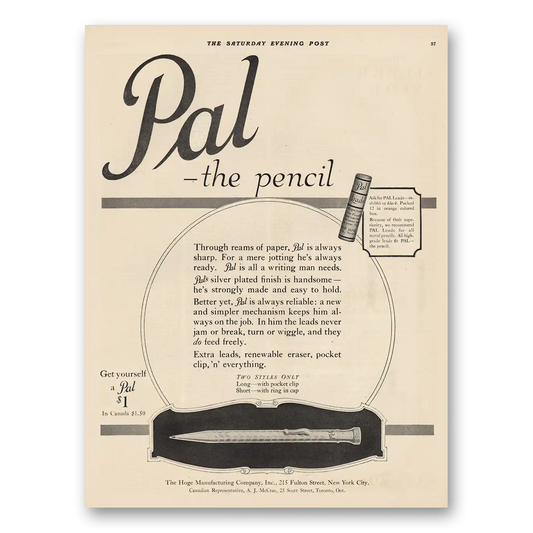 1921 Pal the Pencil Through Reams of Paper Vintage Magazine Print Ad