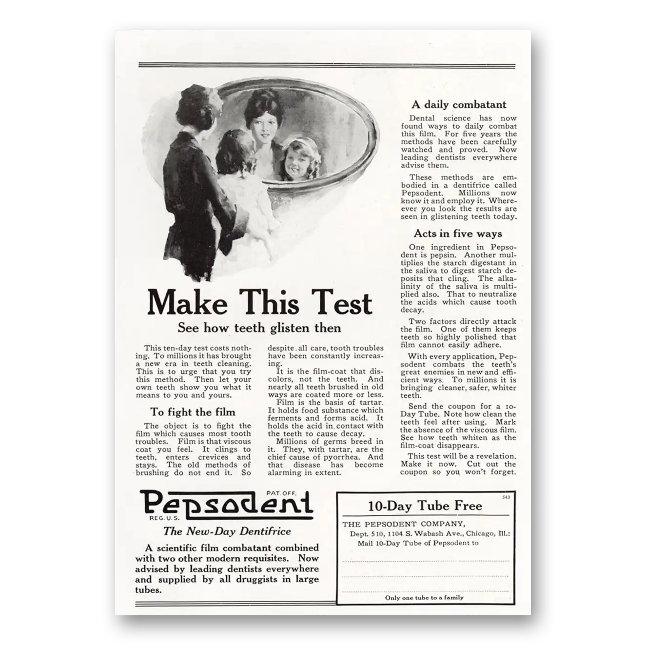 1921 Pepsodent Make This Test Teeth Glisten Vintage Magazine Print Ad