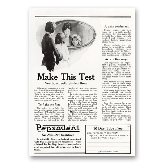 1921 Pepsodent Make This Test Teeth Glisten Vintage Magazine Print Ad