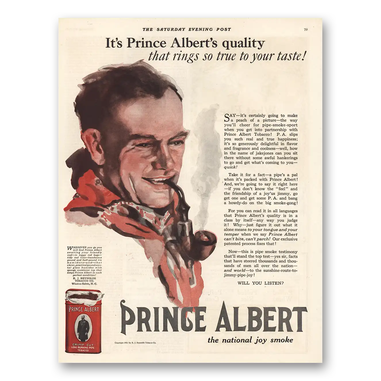 1921 Prince Albert Tobacco Rings So True To Your Taste Vintage Magazine Print Ad