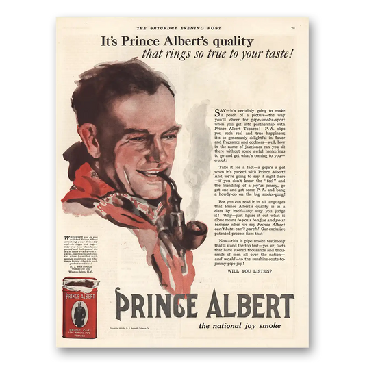 1921 Prince Albert Tobacco Rings So True To Your Taste Vintage Magazine Print Ad