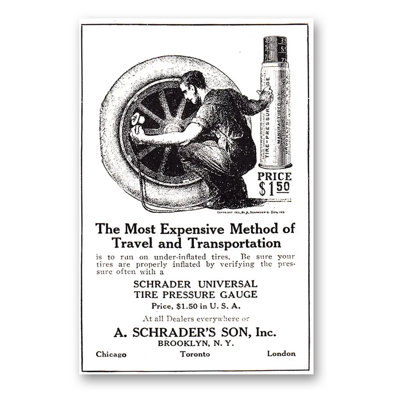 1921 Schrader Universal Tire Pressure Gauge Most Expensive Method Vintage Magazine Print Ad