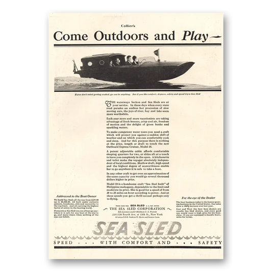 1929 Sea Sled Come Outdoors and Play Vintage Magazine Print Ad