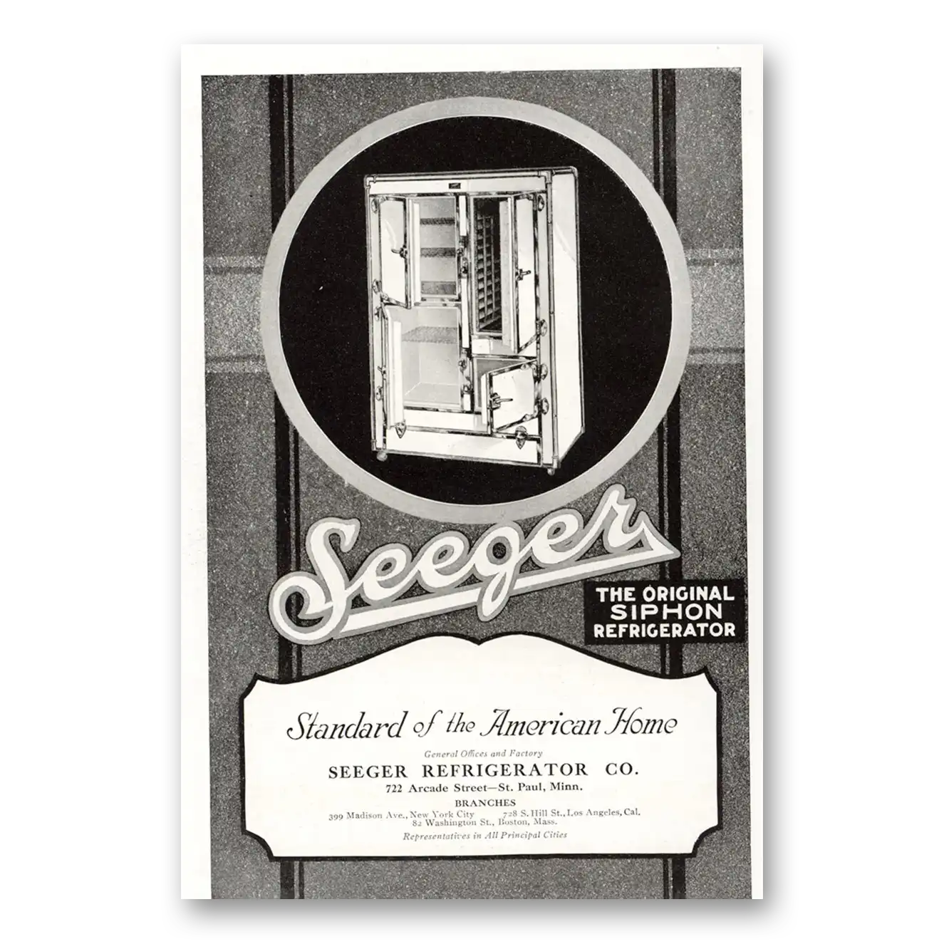 1921 Seeger Refrigerator Standard of the American Home Vintage Magazine Print Ad