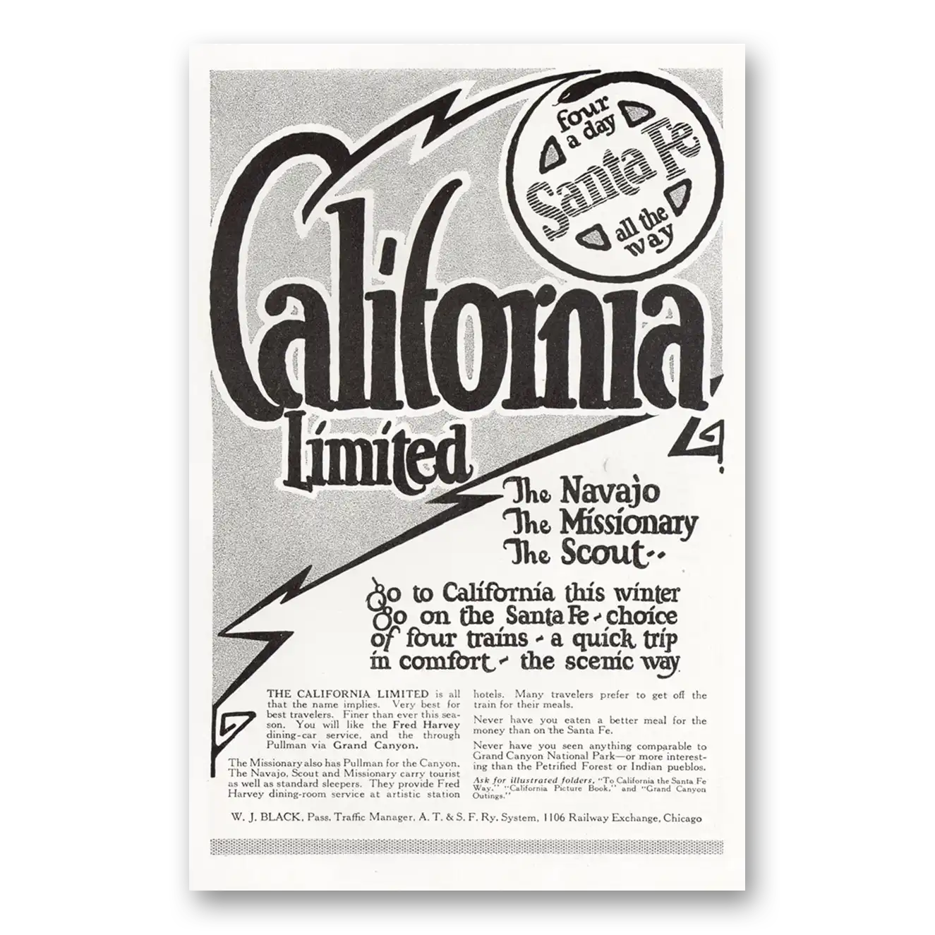 1921 Santa Fe Railway California Limited Vintage Magazine Print Ad