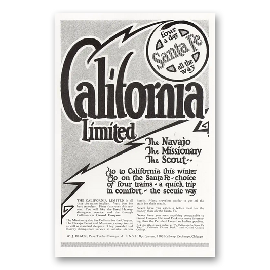 1921 Santa Fe Railway California Limited Vintage Magazine Print Ad